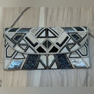 Beaded Clutch Purse with Silver, Black and White Beads